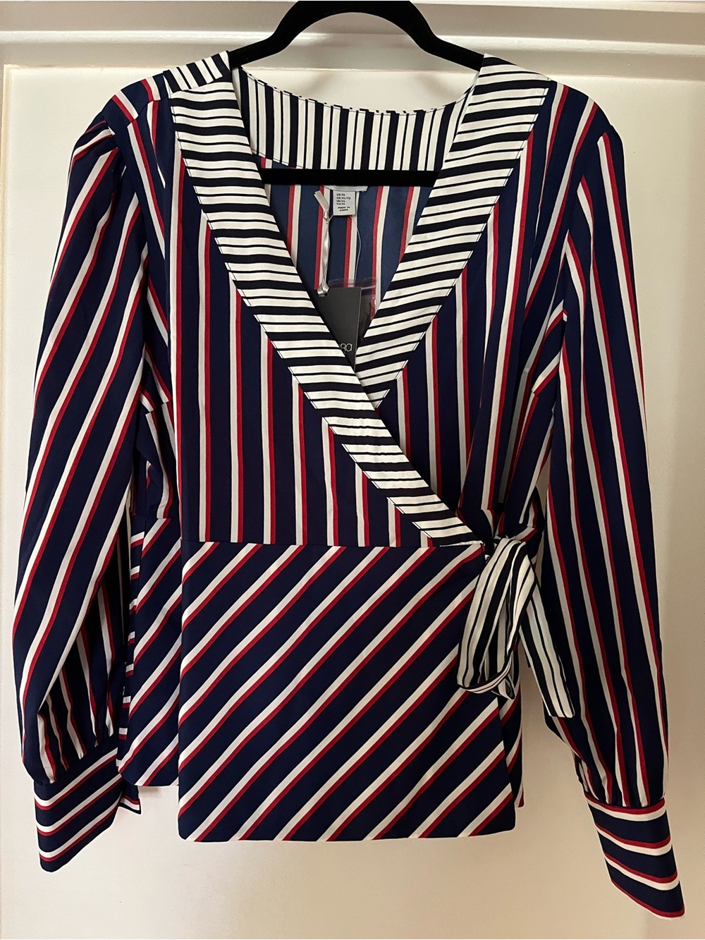 Paraphrase Red White and Blue Striped Lightweight Long Sleeve Wrap Top Blouse